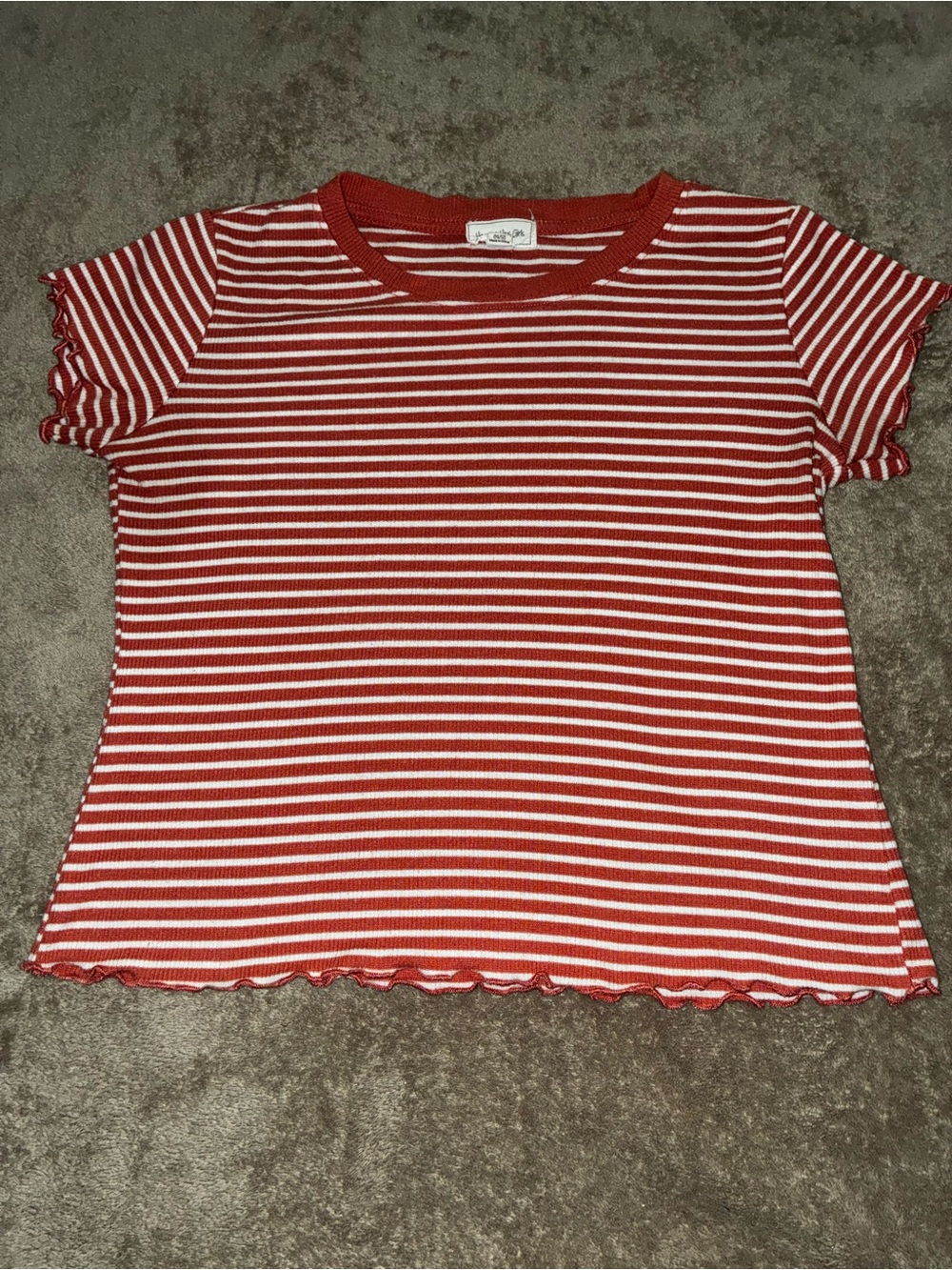 Heart & Hips Red and White Striped Ribbed Lettuce Trim Baby Tee